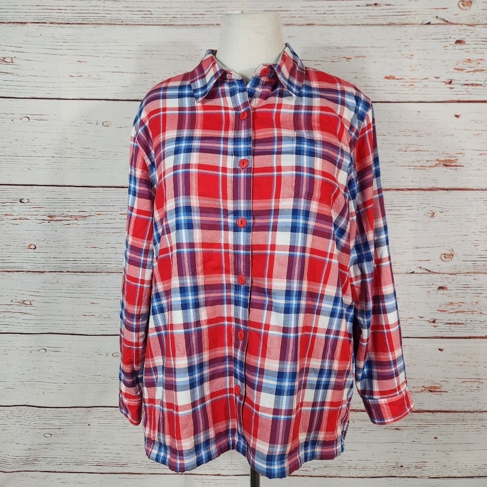 LL Bean Red Plaid Fleece Lined Flannel Size XL Petite - Picture 2 of 7